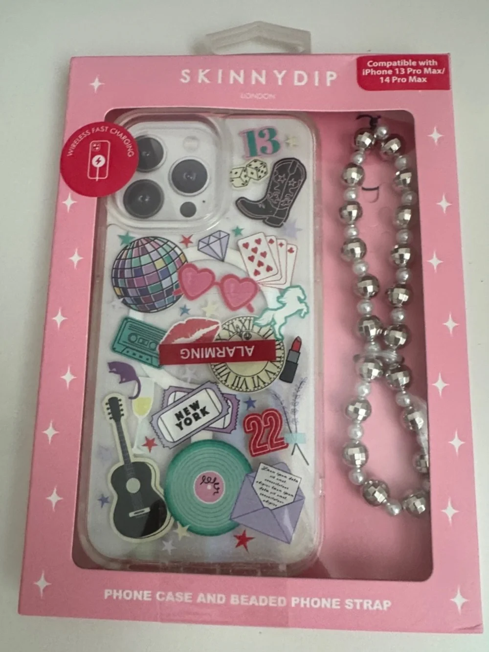 Skinnydip Pink Sticker-Print iPhone Case with Silver Beaded Strap